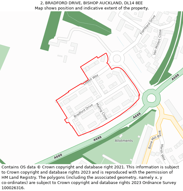 2, BRADFORD DRIVE, BISHOP AUCKLAND, DL14 8EE: Location map and indicative extent of plot