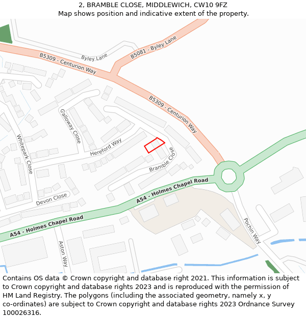 2, BRAMBLE CLOSE, MIDDLEWICH, CW10 9FZ: Location map and indicative extent of plot