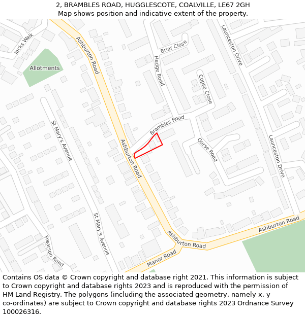 2, BRAMBLES ROAD, HUGGLESCOTE, COALVILLE, LE67 2GH: Location map and indicative extent of plot