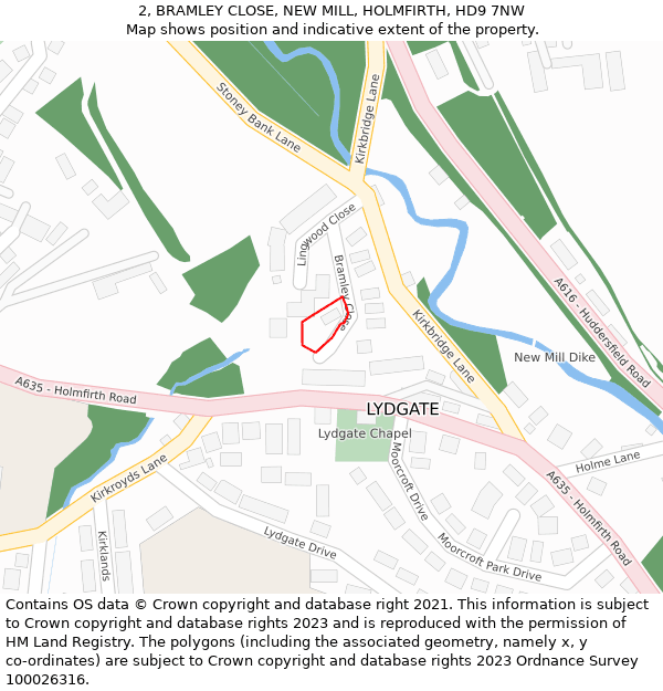 2, BRAMLEY CLOSE, NEW MILL, HOLMFIRTH, HD9 7NW: Location map and indicative extent of plot