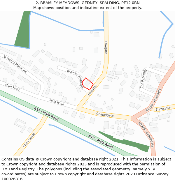 2, BRAMLEY MEADOWS, GEDNEY, SPALDING, PE12 0BN: Location map and indicative extent of plot