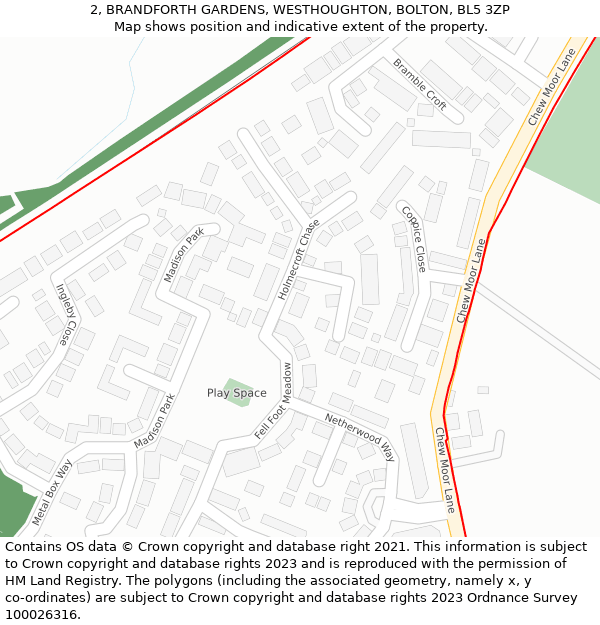 2, BRANDFORTH GARDENS, WESTHOUGHTON, BOLTON, BL5 3ZP: Location map and indicative extent of plot