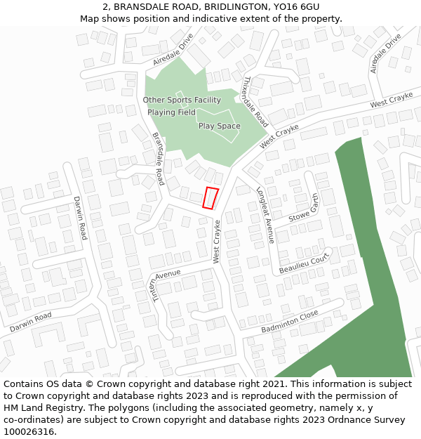 2, BRANSDALE ROAD, BRIDLINGTON, YO16 6GU: Location map and indicative extent of plot
