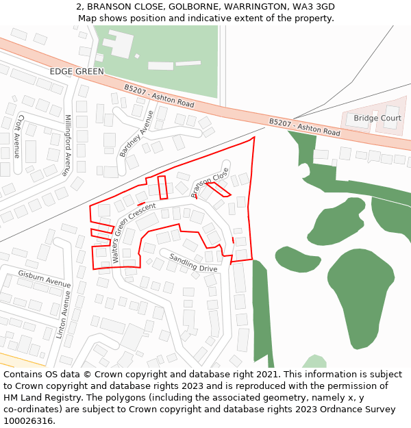 2, BRANSON CLOSE, GOLBORNE, WARRINGTON, WA3 3GD: Location map and indicative extent of plot