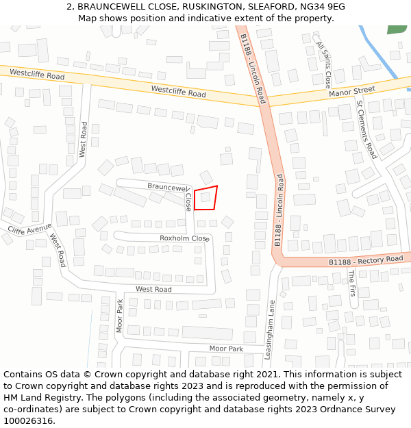 2, BRAUNCEWELL CLOSE, RUSKINGTON, SLEAFORD, NG34 9EG: Location map and indicative extent of plot