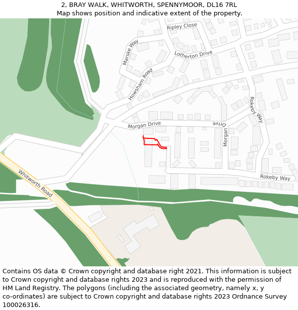 2, BRAY WALK, WHITWORTH, SPENNYMOOR, DL16 7RL: Location map and indicative extent of plot