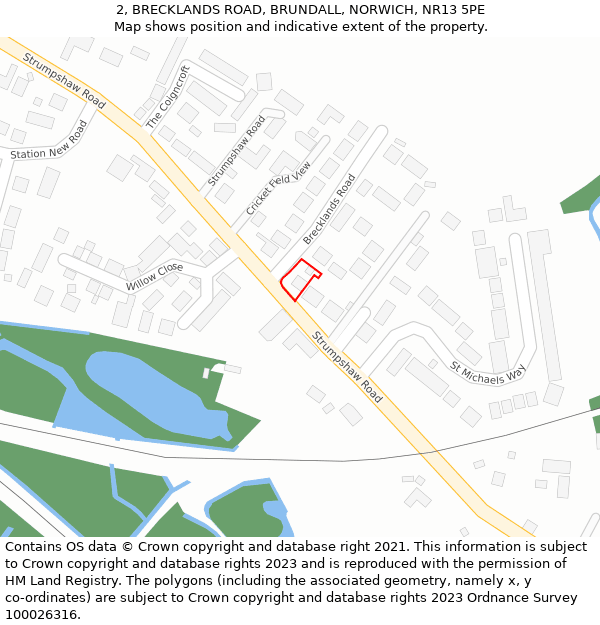 2, BRECKLANDS ROAD, BRUNDALL, NORWICH, NR13 5PE: Location map and indicative extent of plot