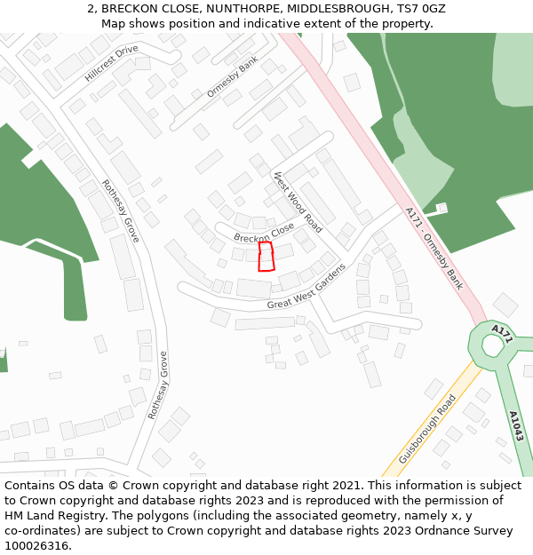 2, BRECKON CLOSE, NUNTHORPE, MIDDLESBROUGH, TS7 0GZ: Location map and indicative extent of plot