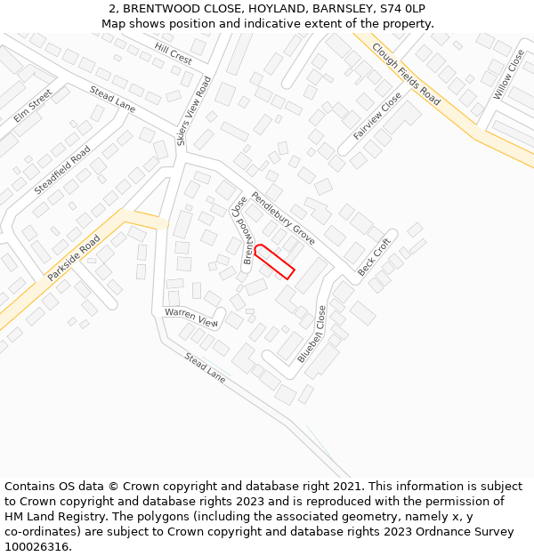 2, BRENTWOOD CLOSE, HOYLAND, BARNSLEY, S74 0LP: Location map and indicative extent of plot