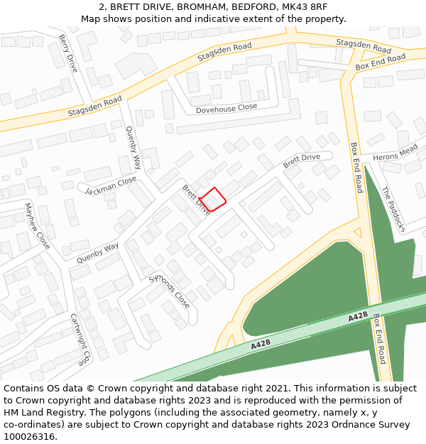 2, BRETT DRIVE, BROMHAM, BEDFORD, MK43 8RF: Location map and indicative extent of plot