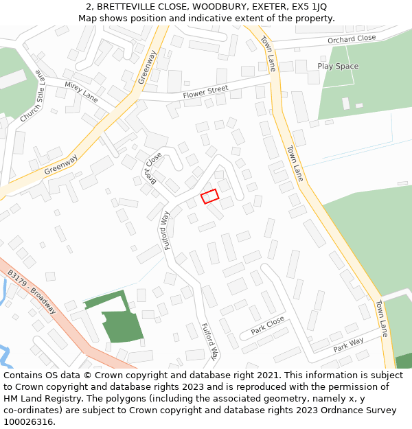 2, BRETTEVILLE CLOSE, WOODBURY, EXETER, EX5 1JQ: Location map and indicative extent of plot