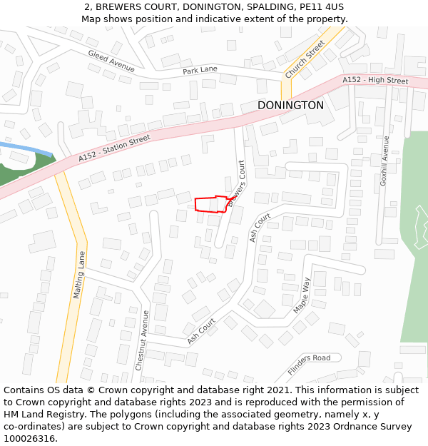 2, BREWERS COURT, DONINGTON, SPALDING, PE11 4US: Location map and indicative extent of plot