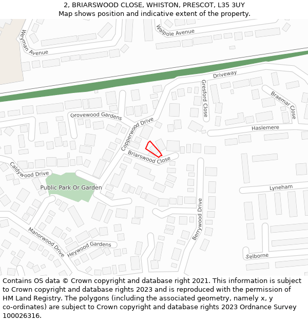2, BRIARSWOOD CLOSE, WHISTON, PRESCOT, L35 3UY: Location map and indicative extent of plot