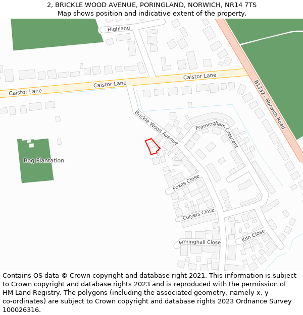 2, BRICKLE WOOD AVENUE, PORINGLAND, NORWICH, NR14 7TS: Location map and indicative extent of plot