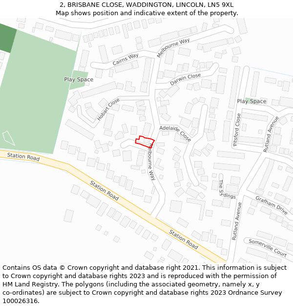 2, BRISBANE CLOSE, WADDINGTON, LINCOLN, LN5 9XL: Location map and indicative extent of plot