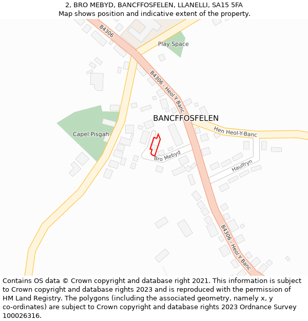 2, BRO MEBYD, BANCFFOSFELEN, LLANELLI, SA15 5FA: Location map and indicative extent of plot