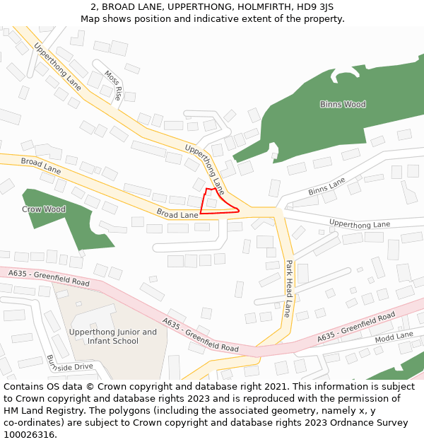 2, BROAD LANE, UPPERTHONG, HOLMFIRTH, HD9 3JS: Location map and indicative extent of plot