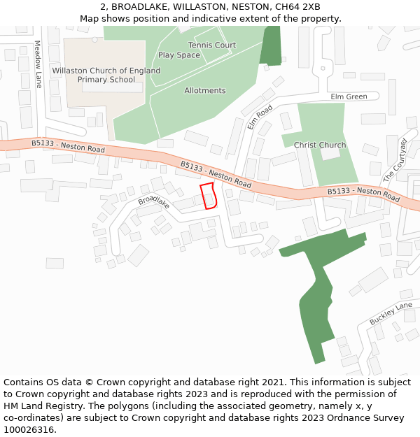 2, BROADLAKE, WILLASTON, NESTON, CH64 2XB: Location map and indicative extent of plot