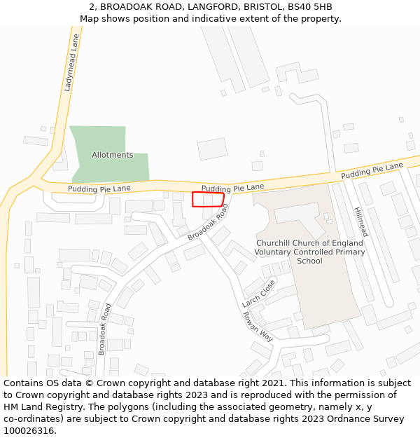 2, BROADOAK ROAD, LANGFORD, BRISTOL, BS40 5HB: Location map and indicative extent of plot