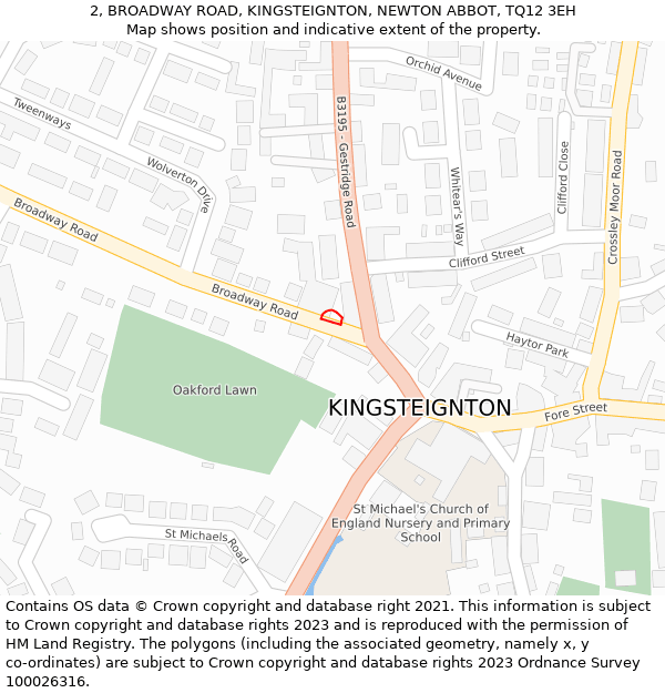 2, BROADWAY ROAD, KINGSTEIGNTON, NEWTON ABBOT, TQ12 3EH: Location map and indicative extent of plot