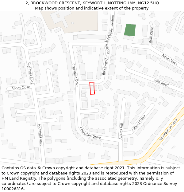 2, BROCKWOOD CRESCENT, KEYWORTH, NOTTINGHAM, NG12 5HQ: Location map and indicative extent of plot