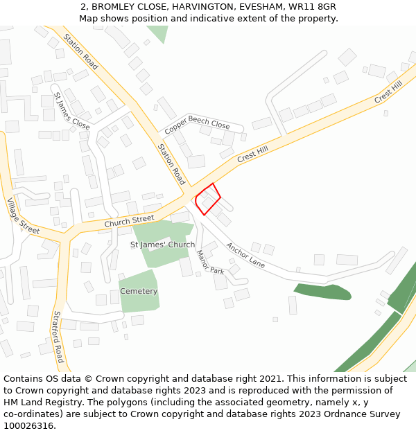 2, BROMLEY CLOSE, HARVINGTON, EVESHAM, WR11 8GR: Location map and indicative extent of plot
