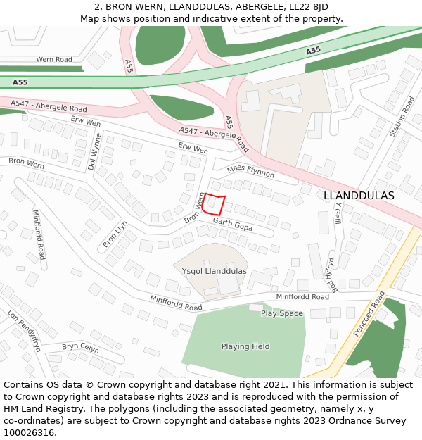 2, BRON WERN, LLANDDULAS, ABERGELE, LL22 8JD: Location map and indicative extent of plot