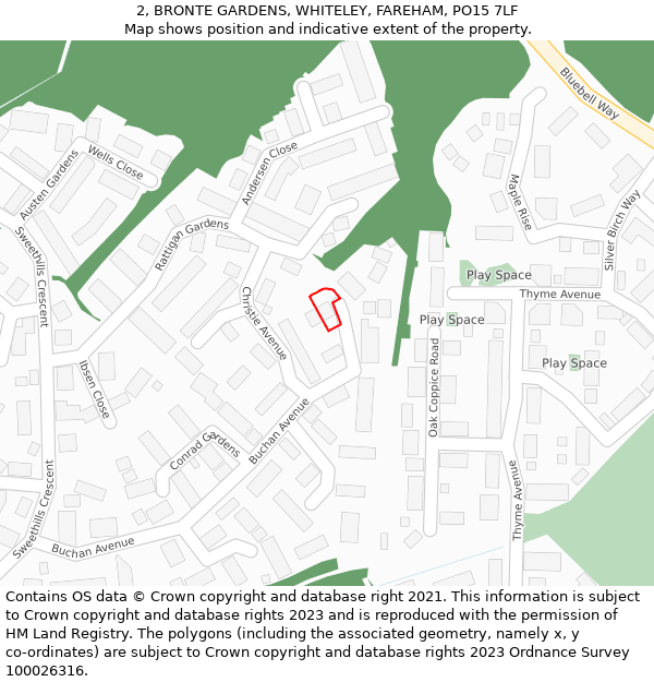 2, BRONTE GARDENS, WHITELEY, FAREHAM, PO15 7LF: Location map and indicative extent of plot