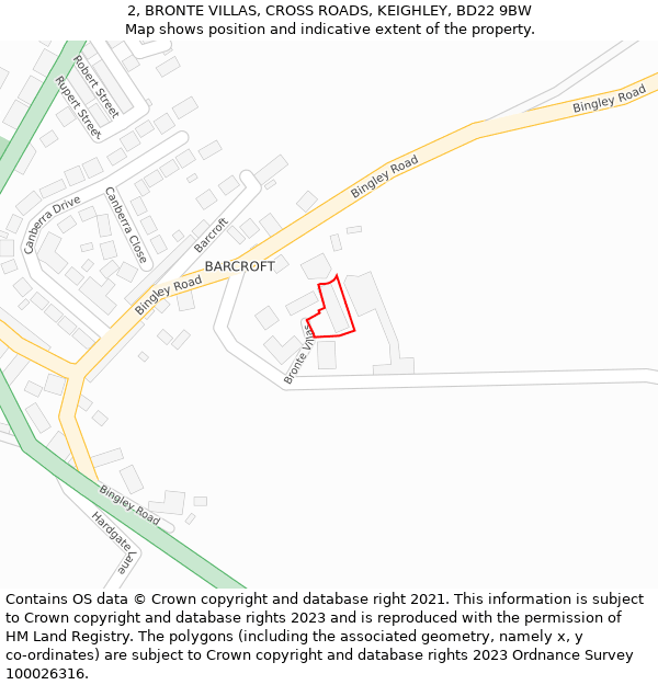 2, BRONTE VILLAS, CROSS ROADS, KEIGHLEY, BD22 9BW: Location map and indicative extent of plot