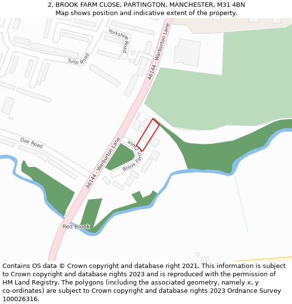 2, BROOK FARM CLOSE, PARTINGTON, MANCHESTER, M31 4BN: Location map and indicative extent of plot