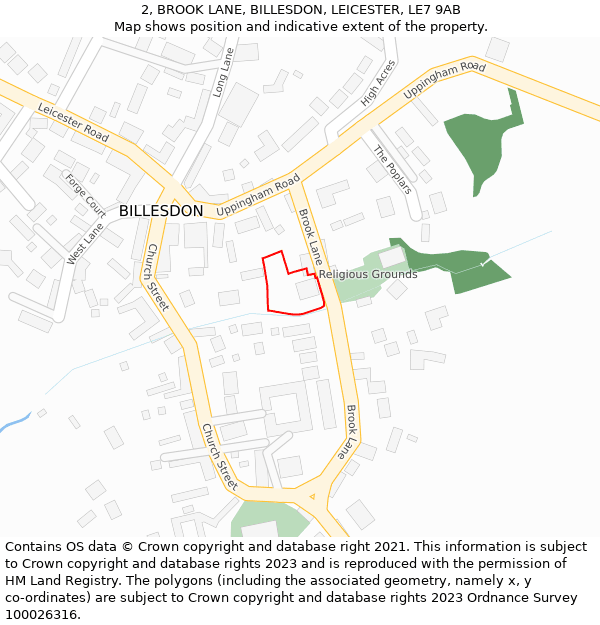 2, BROOK LANE, BILLESDON, LEICESTER, LE7 9AB: Location map and indicative extent of plot