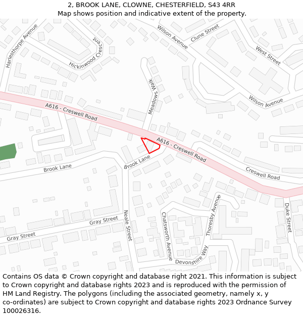 2, BROOK LANE, CLOWNE, CHESTERFIELD, S43 4RR: Location map and indicative extent of plot