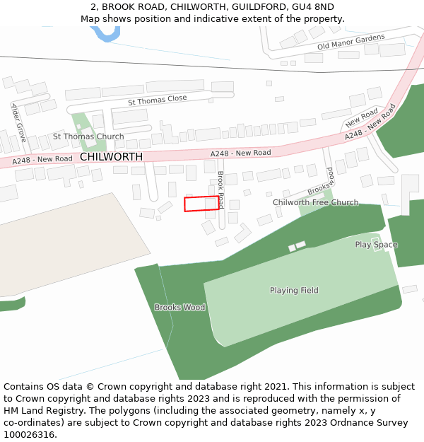 2, BROOK ROAD, CHILWORTH, GUILDFORD, GU4 8ND: Location map and indicative extent of plot