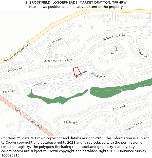 2, BROOKFIELD, LOGGERHEADS, MARKET DRAYTON, TF9 4RW: Location map and indicative extent of plot