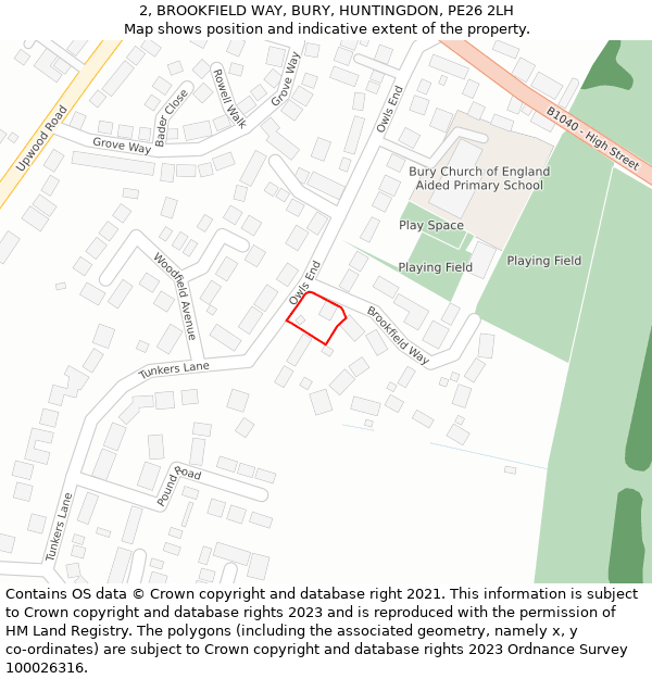 2, BROOKFIELD WAY, BURY, HUNTINGDON, PE26 2LH: Location map and indicative extent of plot