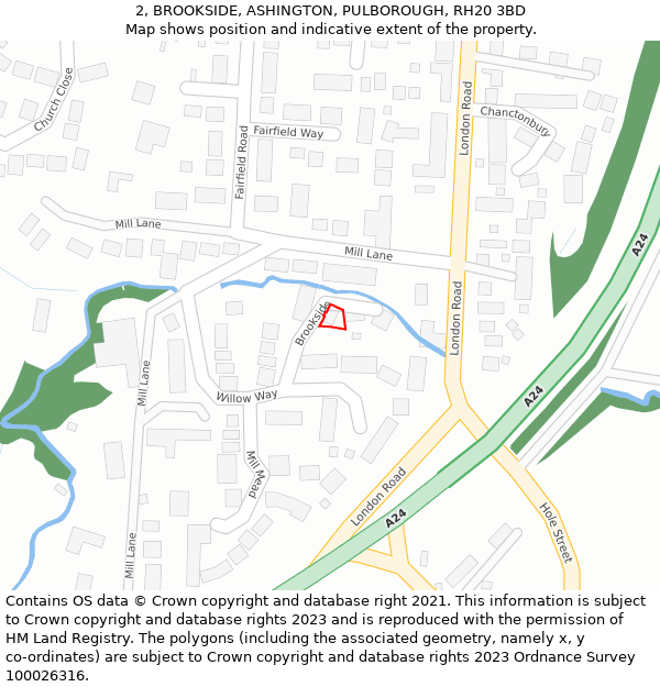 2, BROOKSIDE, ASHINGTON, PULBOROUGH, RH20 3BD: Location map and indicative extent of plot