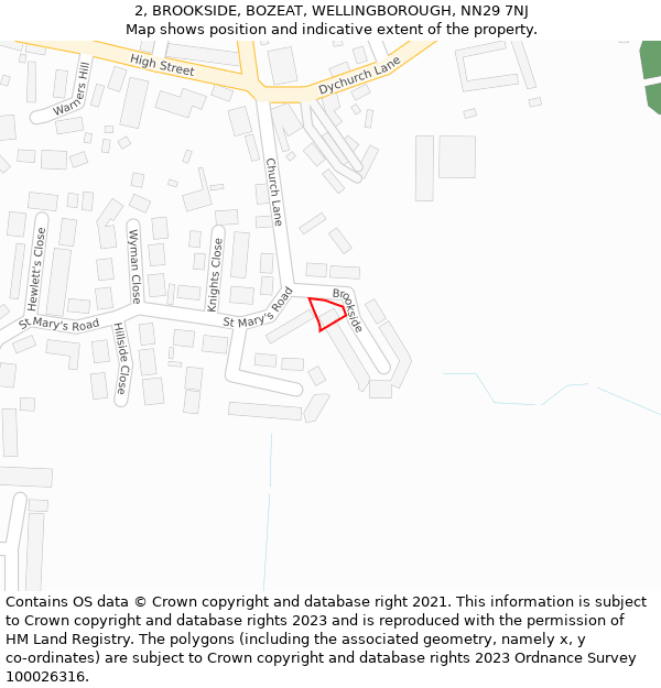 2, BROOKSIDE, BOZEAT, WELLINGBOROUGH, NN29 7NJ: Location map and indicative extent of plot