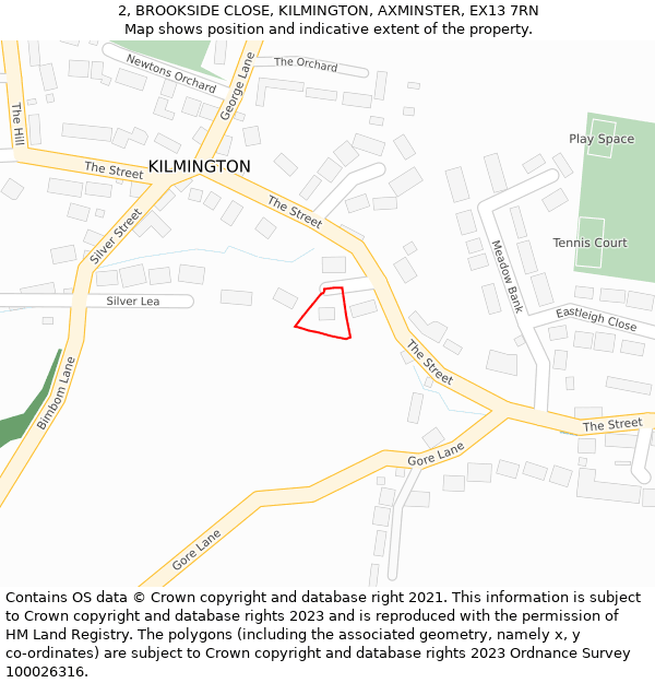 2, BROOKSIDE CLOSE, KILMINGTON, AXMINSTER, EX13 7RN: Location map and indicative extent of plot