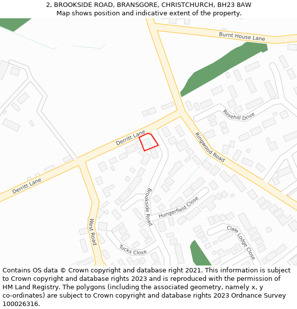 2, BROOKSIDE ROAD, BRANSGORE, CHRISTCHURCH, BH23 8AW: Location map and indicative extent of plot