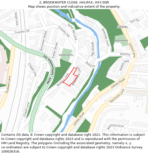 2, BROOKWATER CLOSE, HALIFAX, HX3 0QR: Location map and indicative extent of plot