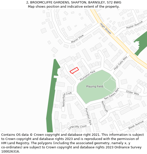 2, BROOMCLIFFE GARDENS, SHAFTON, BARNSLEY, S72 8WG: Location map and indicative extent of plot