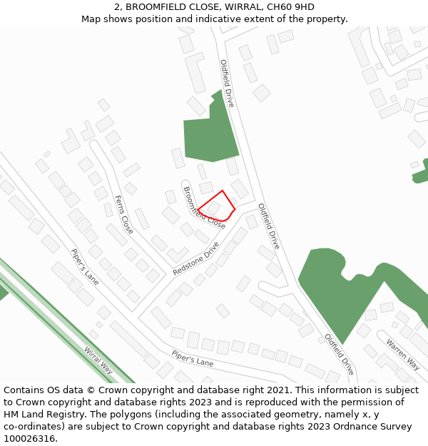 2, BROOMFIELD CLOSE, WIRRAL, CH60 9HD: Location map and indicative extent of plot