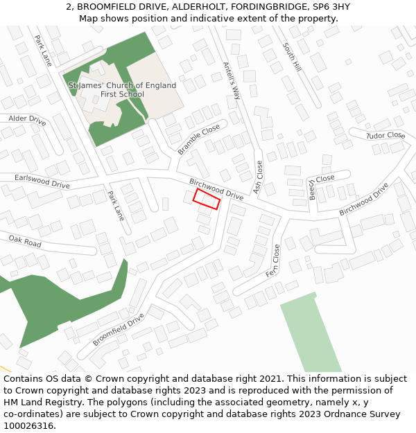2, BROOMFIELD DRIVE, ALDERHOLT, FORDINGBRIDGE, SP6 3HY: Location map and indicative extent of plot