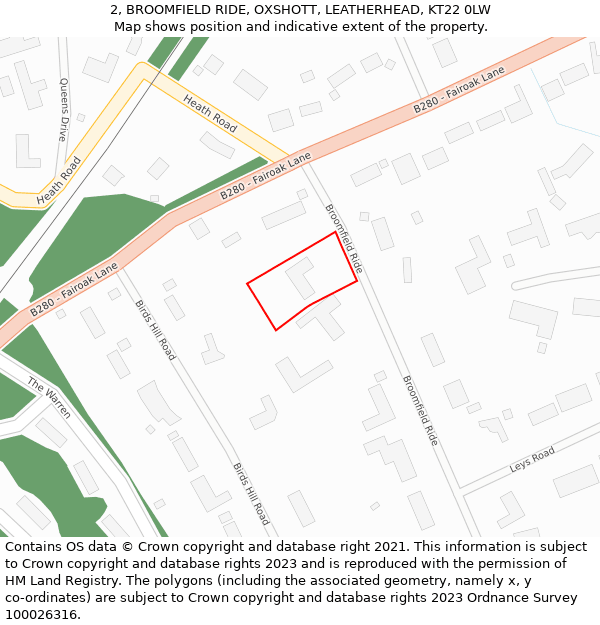 2, BROOMFIELD RIDE, OXSHOTT, LEATHERHEAD, KT22 0LW: Location map and indicative extent of plot