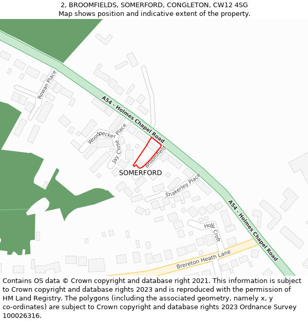 2, BROOMFIELDS, SOMERFORD, CONGLETON, CW12 4SG: Location map and indicative extent of plot