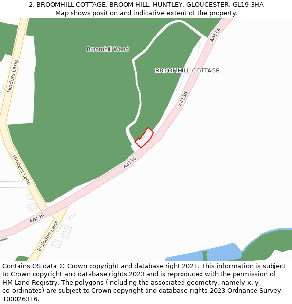 2, BROOMHILL COTTAGE, BROOM HILL, HUNTLEY, GLOUCESTER, GL19 3HA: Location map and indicative extent of plot