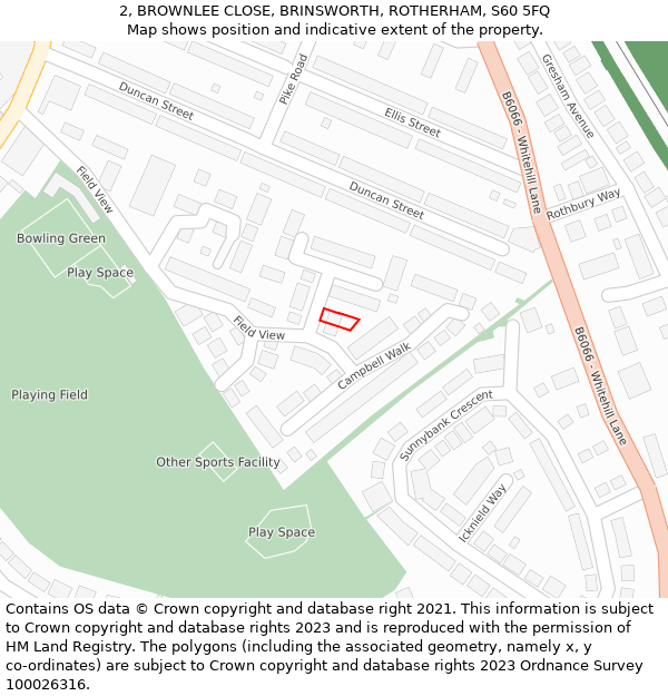 2, BROWNLEE CLOSE, BRINSWORTH, ROTHERHAM, S60 5FQ: Location map and indicative extent of plot