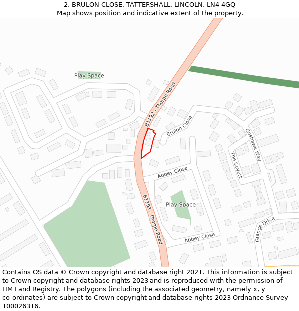 2, BRULON CLOSE, TATTERSHALL, LINCOLN, LN4 4GQ: Location map and indicative extent of plot