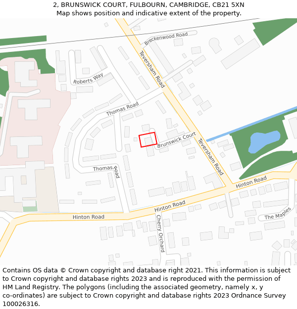 2, BRUNSWICK COURT, FULBOURN, CAMBRIDGE, CB21 5XN: Location map and indicative extent of plot