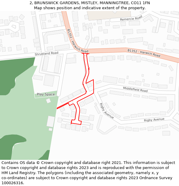 2, BRUNSWICK GARDENS, MISTLEY, MANNINGTREE, CO11 1FN: Location map and indicative extent of plot